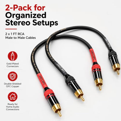 RCA Cable 2-Pack 1Ft Gold OFC, Low Noise for Subwoofer Amplifier