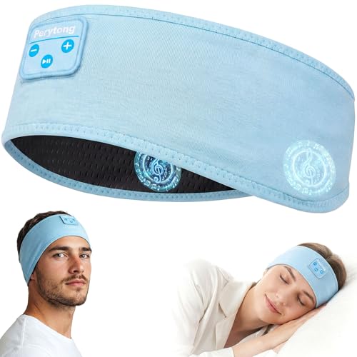 Perytong Sleep Headphones Bluetooth Headband 5.4, Wireless Sports Headband with Ultra-Thin HD Speakers, 14H Playtime, Soft Breathable Music Headband for Side Sleepers, Travel, Yoga, Running, Gym - color: AzureBlack