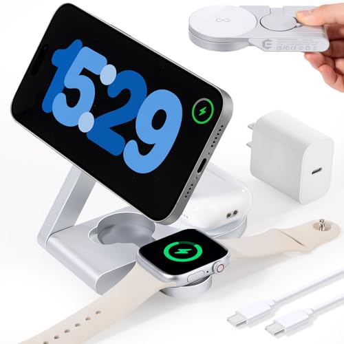 2026 3 in 1 Wireless Charging Station Mag-Safe Fast Charging Station for Apple MagSafe Charger, with USB C Charger, Foldable Charging Magnetic Wireless Charger Stand, Space Aluminum Travel Charger - color: Silvery