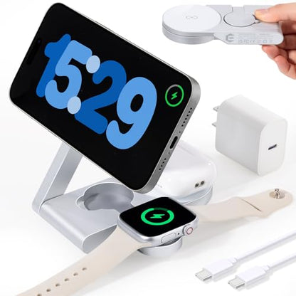 2026 3 in 1 Wireless Charging Station Mag-Safe Fast Charging Station for Apple MagSafe Charger, with USB C Charger, Foldable Charging Magnetic Wireless Charger Stand, Space Aluminum Travel Charger - color: Silvery