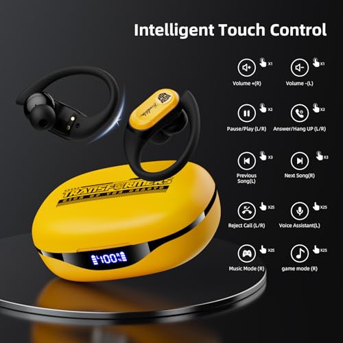 Transformers Earbuds T26 Pro, Bluetooth 5.4 Wireless Gaming Earbuds with Mic, Over Ear Earbuds with Earhooks, 65H Playtime, Deep Bass, IPX5 Waterproof (Bumblebee Yellow) - color: Bumblebee - Yellow
