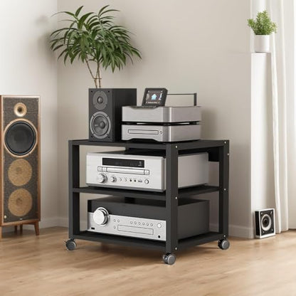 3 Tier Audio Rack AV Media Player Stand Stereo Cabinet | Floor-Standing CD DVD Record Player Stand, Movable Component Storage Shelf with Wheels for Home Theater, Black - size: 3 Tier