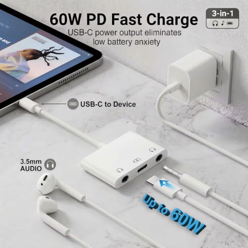 USB C Headphone Splitter, USB C to Dual 3.5mm Audio and Charging Adapter