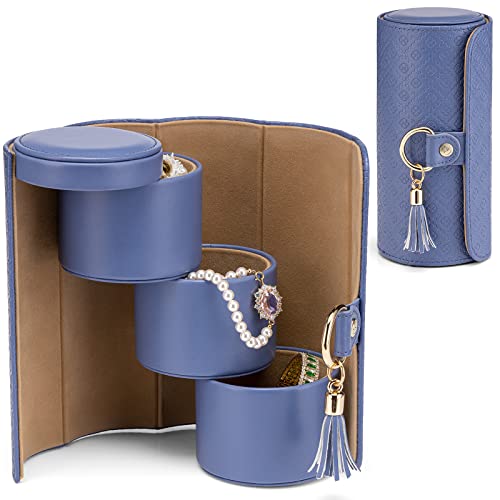 VLANDO Travel Jewelry Organizer, 3 Tier Roll Up Design, Hard Shell Storage | Stepped Sections Compartments Keep Jewelry Visible, Soft Lining Protect Pieces, Snap Closure, Travel Gift for Women Girl - color: Purple