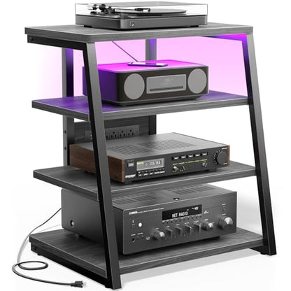 Besiost AV Media Stand with Outlets, Media Console with LED Lights, Stereo Racks and Stands with Storage Shelves, Media Audio Tower Stand, Light Grey Walnut - color: Grey Walnut