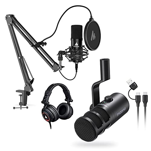 MAONO USB Microphone with Studio Headphone Set 192kHz/24bit Vocal Cardioid Podcast Mic Compatible with Mac and Windows, YouTube, Gaming, Live Streaming, Voice-Over AU-A04H & PD100U