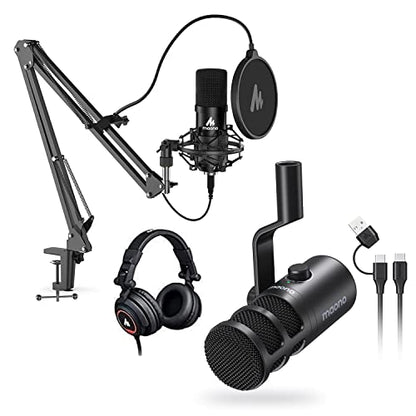 MAONO USB Microphone with Studio Headphone Set 192kHz/24bit Vocal Cardioid Podcast Mic Compatible with Mac and Windows, YouTube, Gaming, Live Streaming, Voice-Over AU-A04H & PD100U