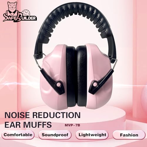 SAFEBUILDER Ear Muffs Noise Reduction SNR 33dB Adjustable Lightweight Safety Earmuffs Sound Proof Noise Cancelling ANSI - color: 1-pink