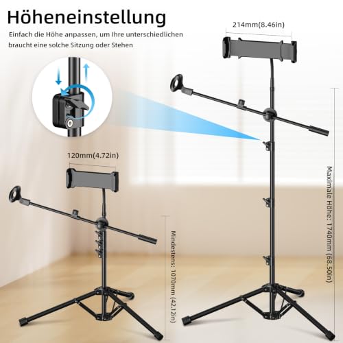 Mic Stand, 6-in-1 Microphone Stand with Floor Boom, Support Boom, Gooseneck, Mic Clips, Tablet Phone Holder, Black, Metal, Portable, Adjustable - size: Large