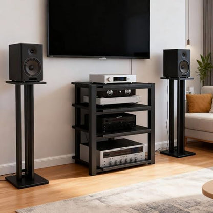 Heavy Duty Audio Rack Tower, Av Media Player Stand with Wooden Shelves, Black Cd Stereo Equipment Cabinet, Suitable for Home,Office/Audio Video/Theate (Black, 4 Tier) - size: 4 Tier
