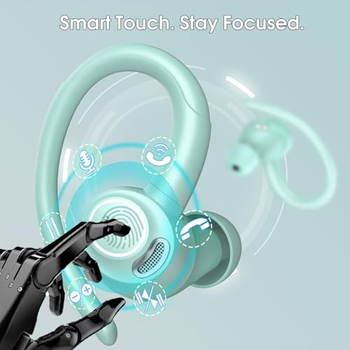 Wireless Earbuds with Earhook, 48H Deep Bass/ENC Mic Ear Buds Misty Blue | Wireless Earphone with LED Display, Bluetooth 5.3 Headphones In Ear, IPX7 Waterproof Over Ear Buds for Running/Workout - color: Misty Blue
