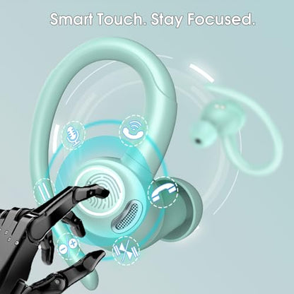 Wireless Earbuds with Earhook, 48H Deep Bass/ENC Mic Ear Buds Misty Blue | Wireless Earphone with LED Display, Bluetooth 5.3 Headphones In Ear, IPX7 Waterproof Over Ear Buds for Running/Workout - color: Misty Blue