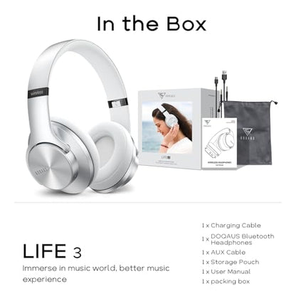 DOQAUS Bluetooth Headphones Over Ear, 90H Playtime, 3EQ Mode, with ENC Mic | Hifi Stereo Sound, Lightweight, Headphones Wireless with Soft Memory Foam Earpads, Deep Bass for Home Office Cellphone PC - color: Sliver