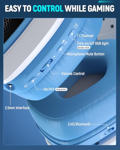 Tatybo Wireless Gaming Headset with Mic, 7.1 Sound 50mm Driver, Blue White | FPS & RPG Audio, 2.4G/BT 5.3/USB-C, 30H battery, Low latency for PS5/PS4/PC/Switch/Laptop/Mobile - color: Blue White
