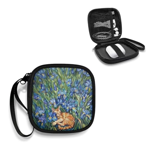 Blue Flower and Cat Portable Wireless Headphone Case, Earphone Storage Bag Carrying Case, Earbud Holder with Handle Headphone Bag Travel - color: Blue Flower And Cat