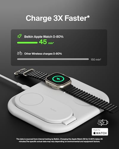Belkin Qi2 Magnetic Wireless Charging Station, 3 in 1 Foldable Charger | MagSafe compatible, Apple Watch, AirPods, Qi2 certified, wireless charging station, travel stand - color: White