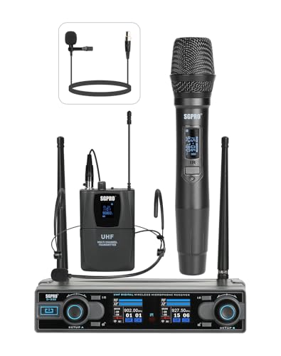 SGPRO D-332HB Dual UHF Wireless Microphone System, Handheld and Bodypack | Handheld, head-worn and lavalier mics, Karaoke, DJ, church, classroom, live performance and PA systems