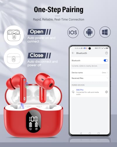 Wireless Earbuds, Bluetooth 5.4 Headphones Bass Stereo/Clear Calls, Red | Ear Buds with Noise Cancelling Mic LED Display in Ear Earphones IP7 Waterproof 36H Bluetooth Earbuds for Phones/Sport/Laptop - color: Red