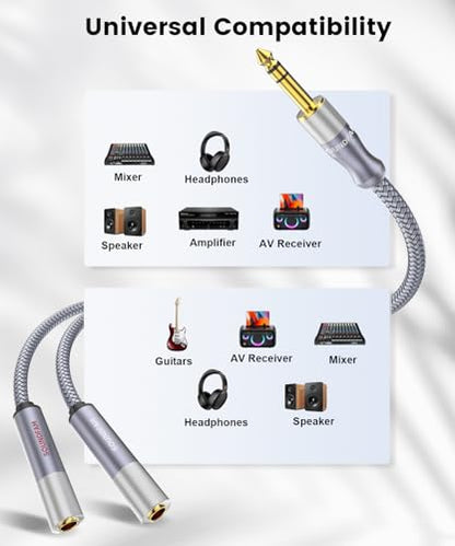 Microphone Splitter 2 Feet/60CM TRS 1/4 inch Splitter 1 Male to 2 Female, 6.35mm Stereo Male Plug to Dual 6.35mm Female-Grey(2PACK) - size: 2ft/60CM-2PACK, style: 1/4" Splitter 1 Male to 2 Female