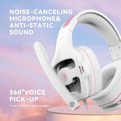 SA726 Stereo Gaming Headset for Xbox One PS4 PS5 Controller, Over Ear Headphone with Mic Noise Cancelling Headset for PC Xbox Series (White Pink) - color: SA726 Pink