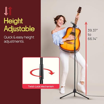 Pyle Tripod Microphone Stand, Height Adjustable from 39.37" to 66.14'', Mic Stand for Floor, Sturdy and Durable Build, Non-Slip Rubber Feet, With 5/8" Screw Adapter, Cable Clip, Compact Folding Design - size: 39.37" - 66.14''