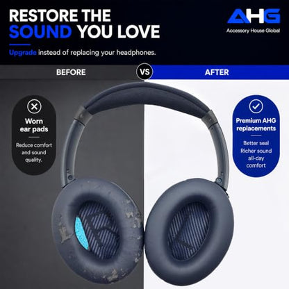 AHG QC45 Ear Pads Compatible with Bose QuietComfort 45 35 QC35 II QCSC QCSE | Midnight Blue | Easy DIY Fit | Premium Protein Leather | Extra Thick | Soft High-Density Foam - color: Midnight Blue