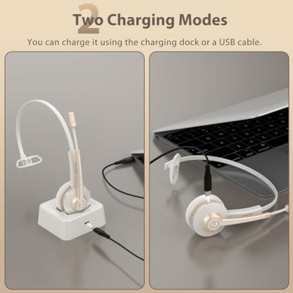 Wireless Headset with Mic, Bluetooth Headset with Microphone V5.2 with AI Noise Canceling & USB Dongle, Trucker Bluetooth Headset with Charging Base and Mute Function for Computer/Phone/Office/Skype