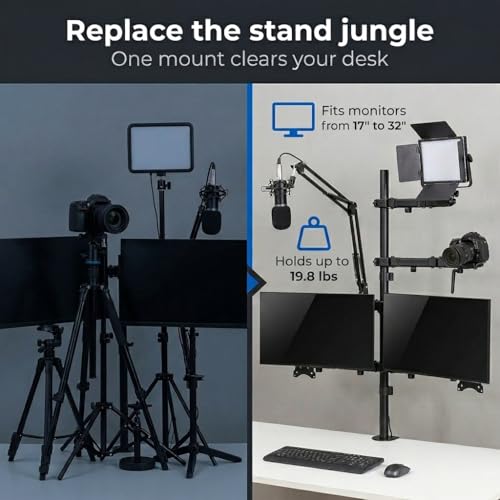 Mount-It! All in One Live Streaming Equipment - 5 Arm Desk Mount - Holds Dual Monitors, Cameras, Ring Light with Mic Desktop Stand Set, YouTube Setup for Podcasting, Gaming, Zoom, Clamp/Grommet Base - size: 5 arm