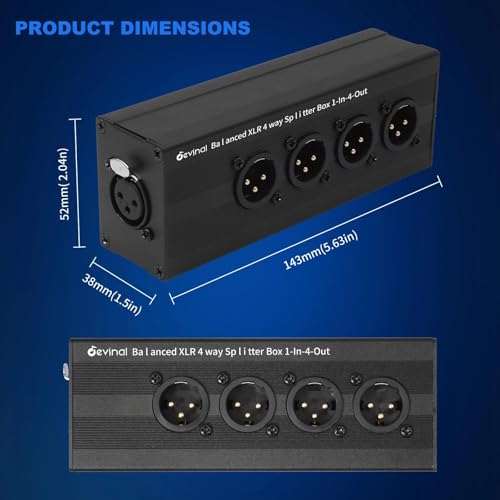 1-IN-4-OUT XLR Audio Splitter Box ; XLR 1 Female to 4 Male Balanced Converter ; 4-Way Stereo Passive Audio Cable