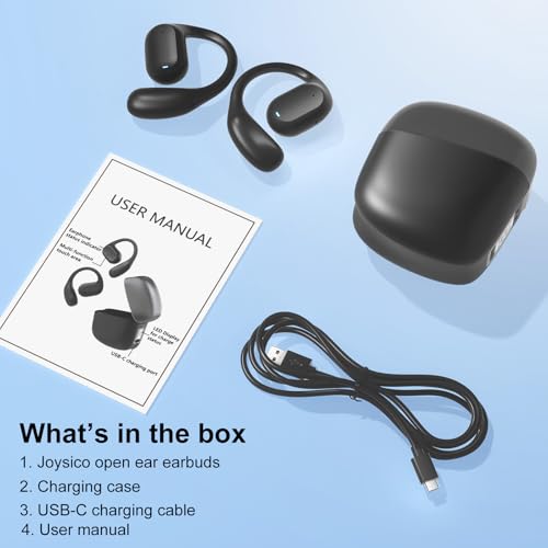 Joysico Open Ear Earbuds Wireless Bluetooth 5.4 Headphones w Over Ear Hook | Mic, 42H Playtime, IPX6, LED Display, 10M Range, Secure Fit for Sports Running Cycling, Comfort for Sensitive and Small Ears