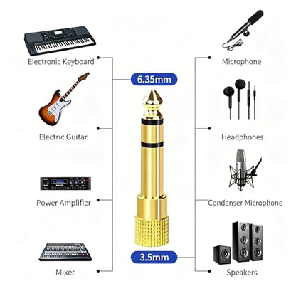 Stereo Headphone Adapter, Gold Plated 6.35mm (1/4) Male to 3.5mm (1/8) Female Audio Jack Plug for Guitar, AMP, Mixer, Speakers - 2 Pack