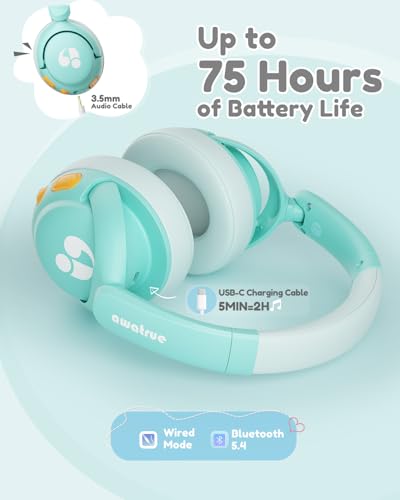 awatrue Kids Bluetooth Headphones, 85dB Volume Limiter, Green HK02 | Foldable Wireless, Bluetooth 5.4, 75H Playtime, Built-in Mic, for iPad & Travel - color: Green