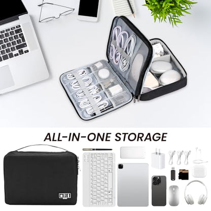 Electronic Organizer Travel Case, Double Layer Cable Organizer Bag | Double-layer design with adjustable dividers, mesh pockets and elastic loops for chargers, cables, power banks and gadgets - color: black
