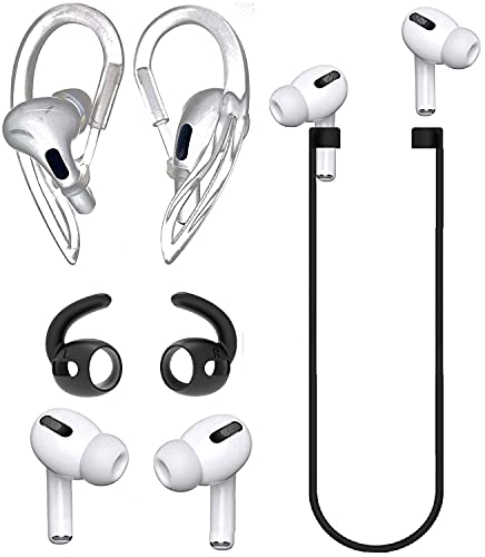 JNSA [Never Lose Your Air Pods Pro] Anti Slip Set, Sport Ear Hook Compatible with Air Pods Pro (Clear)+ Air Pods Pro Earbuds Ear Hooks Cover + Strap Lanyards for Air Pods Pro [3in1],Black - color: Black