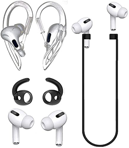 JNSA [Never Lose Your Air Pods Pro] Anti Slip Set, Sport Ear Hook Compatible with Air Pods Pro (Clear)+ Air Pods Pro Earbuds Ear Hooks Cover + Strap Lanyards for Air Pods Pro [3in1],Black - color: Black