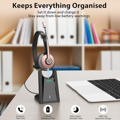 Bluetooth Headset, Wireless Headset with Noise Cancelling Microphone & Mute Function for Work, On Ear Wireless Headphones with USB Dongle & Charging Base for Work from Home Computer Office Call Center