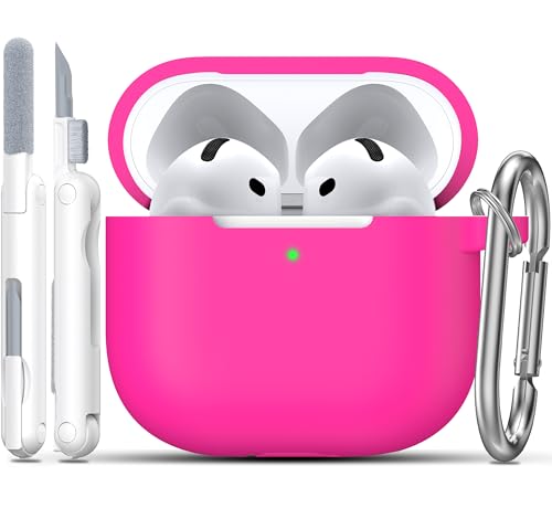 RFUNGUANGO for AirPods 4 Case, Rose Red | Cleaner Kit, Carabiner, Soft Silicone Protective Cover, Wireless Charging Compatible - color: B-Rose Red, size: AirPods 4 Case
