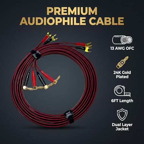 13 AWG OFC Braided Speaker Cable 6ft 2-Pack, 90 Degree Angled Gold Plated Banana Plug to Spade, for Audiophile Bookshelf Floor-Standing Speaker, Amplifier AV Receiver Home Theater Stereo System