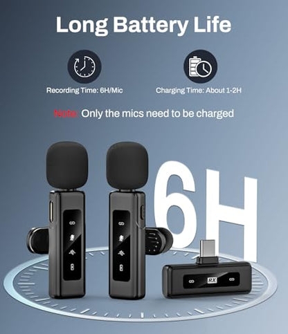 Wireless Lavalier Microphone for USB-C, Plug & Play Clip-On Mic with Active Noise Reduction, Long Battery Life, Wide Compatibility for iPhone 15/Android/PC/Vlog/YouTube