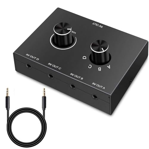 DAGIJIRD 4 Way 3.5mm Stereo Audio Switch Manual Selector Splitter Box Bi-Directional Audio Switch (4 in 1 Out / 4 in 1 Out)