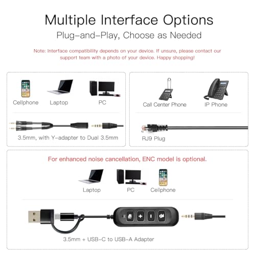 X1 Single Ear Office Headset with USB-C/A & 3.5mm - Noise Cancelling Mic, Inline Volume & Mute Control - Wired Call Center Headset for PC Laptop Phone Zoom Teams