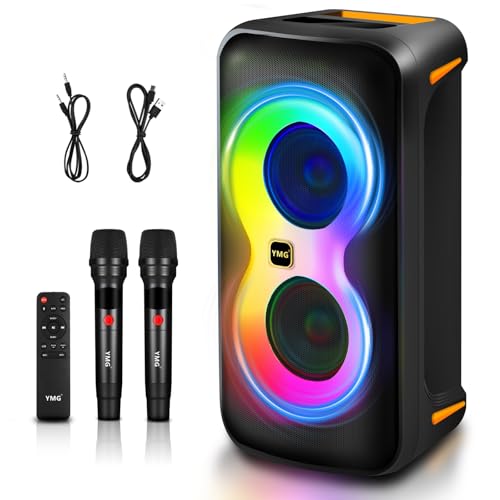 YMG Karaoke Machine for Adults Portable Blue Tooth Party Speaker with 2 Wireless Microphones, 300W Peak PA System Deep Bass Fast Charging with LED Disco Lights for Outdoor Home Party Gift
