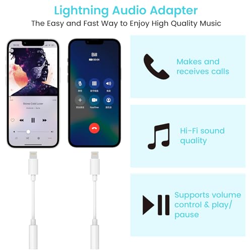 [Apple MFi Certified] 2 Pack Lightning to 3.5mm Headphone Jack Adapter for iPhone Aux Adapter Converter Dongle Audio Cable for Apple iPad/iPhone 14/13/12/11/X/XS - with Microphone