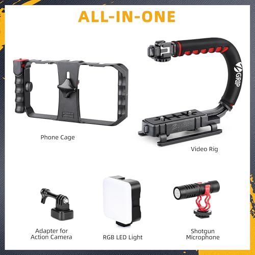 Zeadio Smartphone Camera Stabilizer, All-in-One Video Rig Kit with Phone Cage, RGB Video Light, Microphone, Action Camera Adapter, Compatible with Smartphones, Action Camera, DSLR, Cameras etc - style: Pro Kit