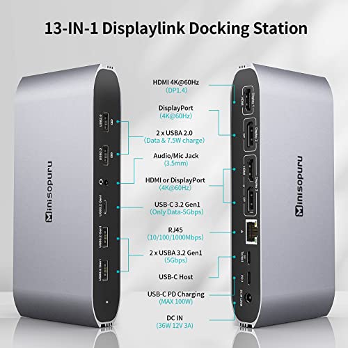 Minisopuru DS808 DisplayLink Docking Station 3 Monitors with 2 HDMI 2 DP