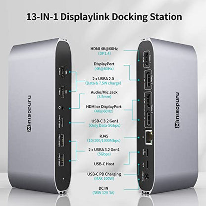 Minisopuru DS808 DisplayLink Docking Station 3 Monitors with 2 HDMI 2 DP
