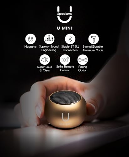 Fashionit U Mini, Tiny Bluetooth Speaker with Magnetic Base, Gold | aluminum shell, Wireless, TWS stereo pairing, 30 foot range, rechargeable battery, magnetic base, travel and gifting