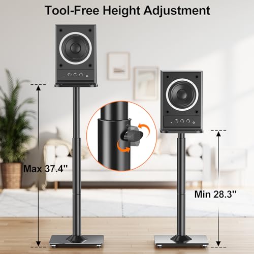 Speaker Stands Pair, 28"-37.4" Height Adjustable, Max 22 lbs, Glass Base | Surround Sound Speaker Stand with Cable Management, Universal Floor Stand for Bookshelf Satellite Studio Large Speaker, Black - size: Universal Black