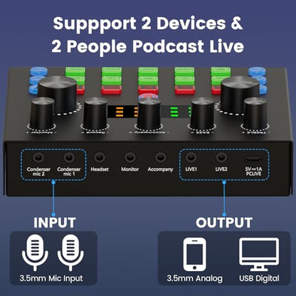 Brvomussy Podcast Equipment Bundle for 2, Audio Interface with Voice Changer Condenser Microphones for Gamer, All-in-One Audio Mixer Perfect for Live Streaming, Singing, YouTube, Gaming