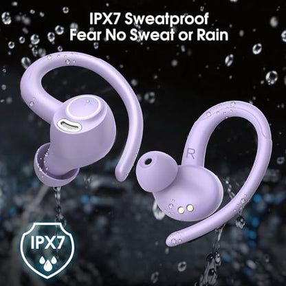 Wireless Sport Earbuds with Earhook, 48Hrs Deep Bass/ENC Mic Ear Bud Purple | Wireless Earphone with LED Display, Bluetooth 5.3 Headphones In Ear, IPX7 Waterproof Over Ear Buds for Running/Workout - color: Purple